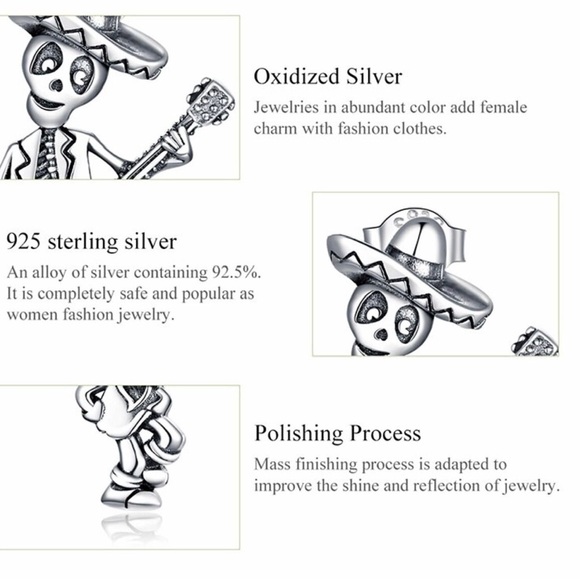 925 silver Stud Earrings for Women Skull Man with Guitar Jewelry Gift - Picture 9 of 9